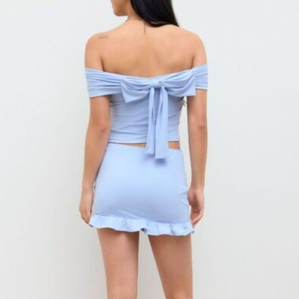 NWT Polly Pocket x Cider - Shawl We? Sky Blue Off Shoulder Bow Top Size S